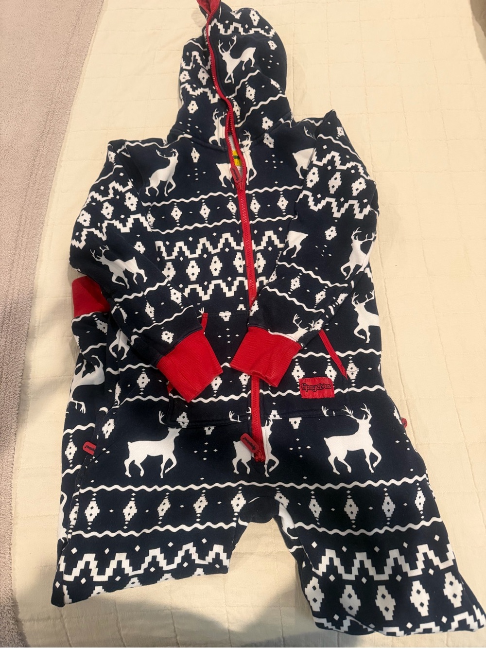 Tipsy Elves Navy and Red Reindeer Hooded Pajama Onesie